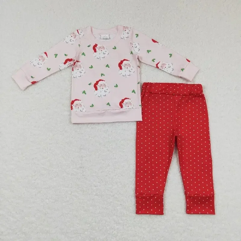 

New rts Infant Girls Christmas Suit Wholesale Boutique Fashion Santa Claus Pattern Polka Dot Leggings Kids Girls Holiday Outfits