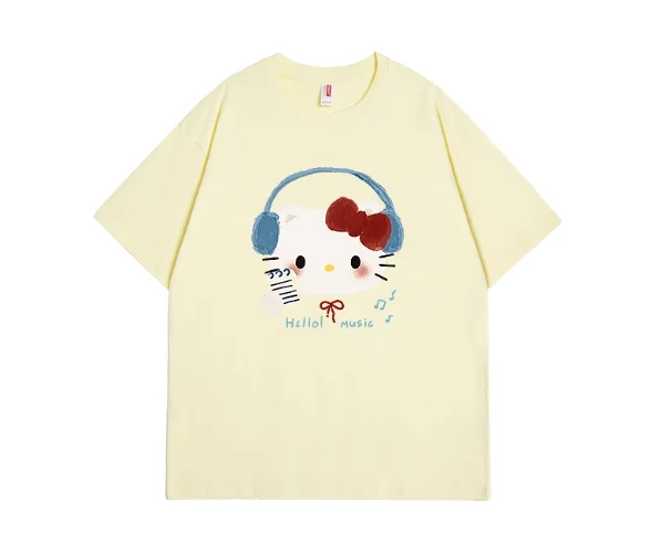 مينيسو سانريو جديد الكرتون الاستماع إلى الموسيقى مرحبا كيتي طباعة قصيرة الأكمام تي شيرت النساء الرجال زوجين تيز الملابس الأكثر مبيعا #2