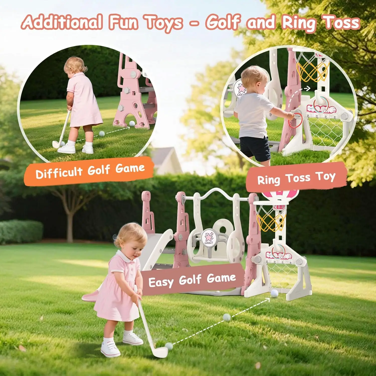 6-in-1 幼児用ブランコと滑り台セット、バスケットボール、サッカー、ゴルフゲーム付き、1～2歳向け、ピンクの屋内外プレイセット
