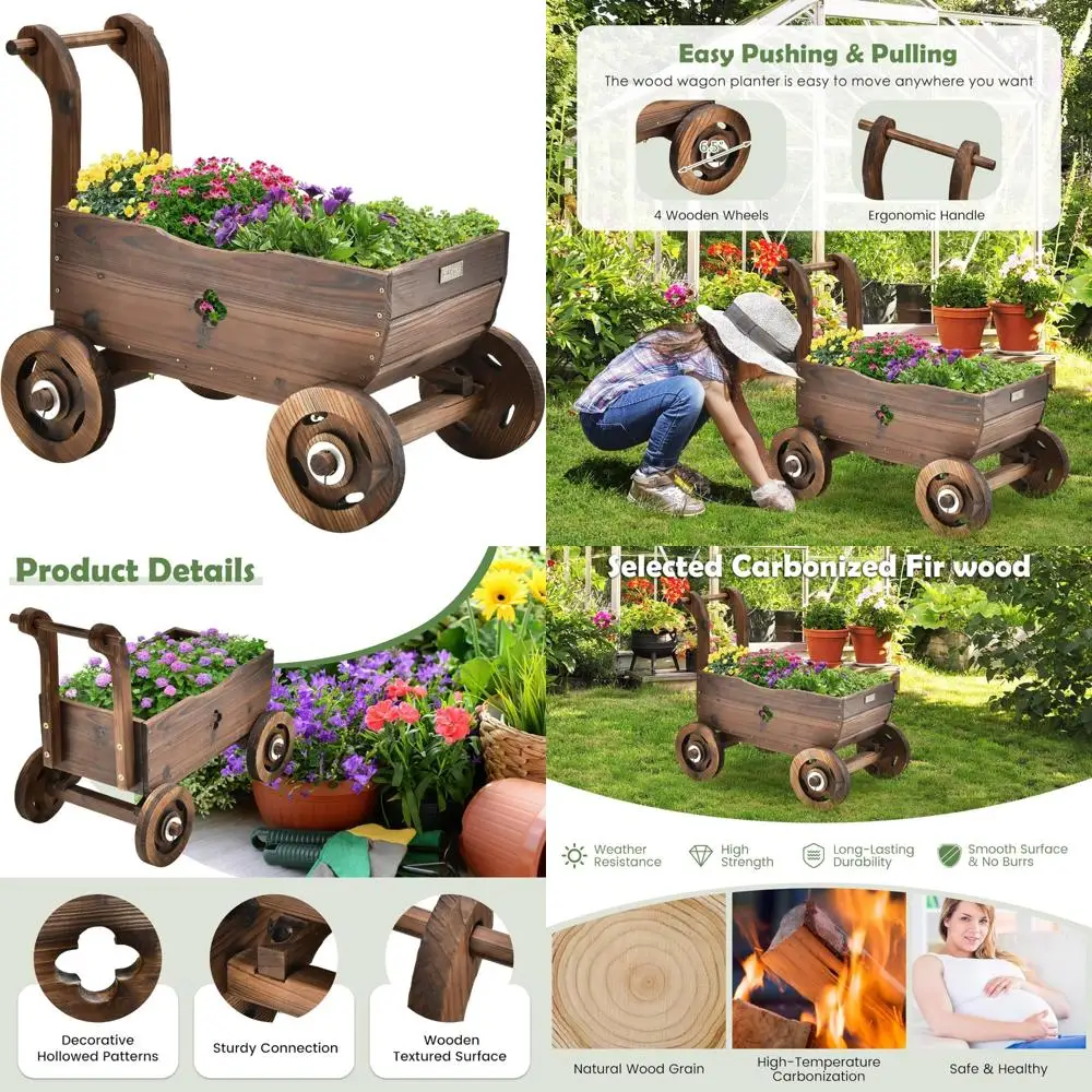

Wooden Rolling Planter Wagon with Handle, Drainage, and Rustic Decor for Garden Flowers