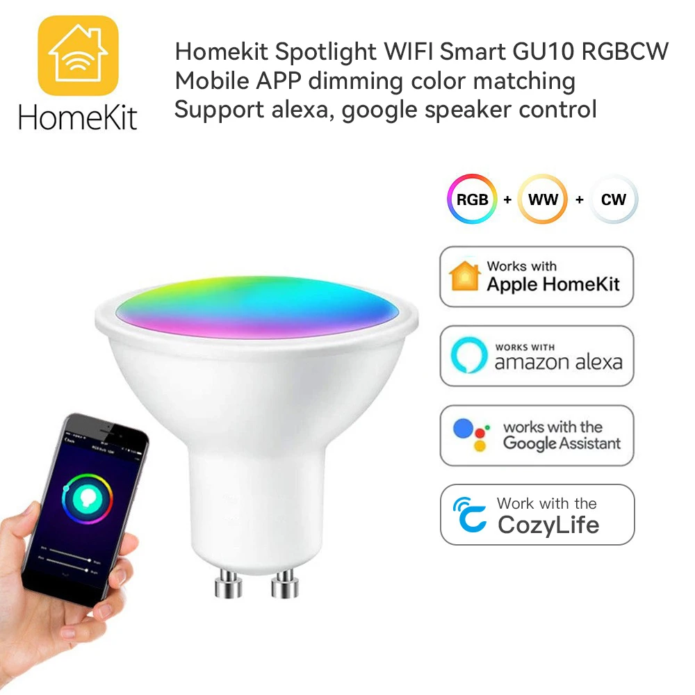 HomeKit Smart LED Lights Bulb GU10 RGB+CW WiFi Spotlight Dimmable Colorful Lamp Cozylife APP Control Voice for Siri Alexa Google