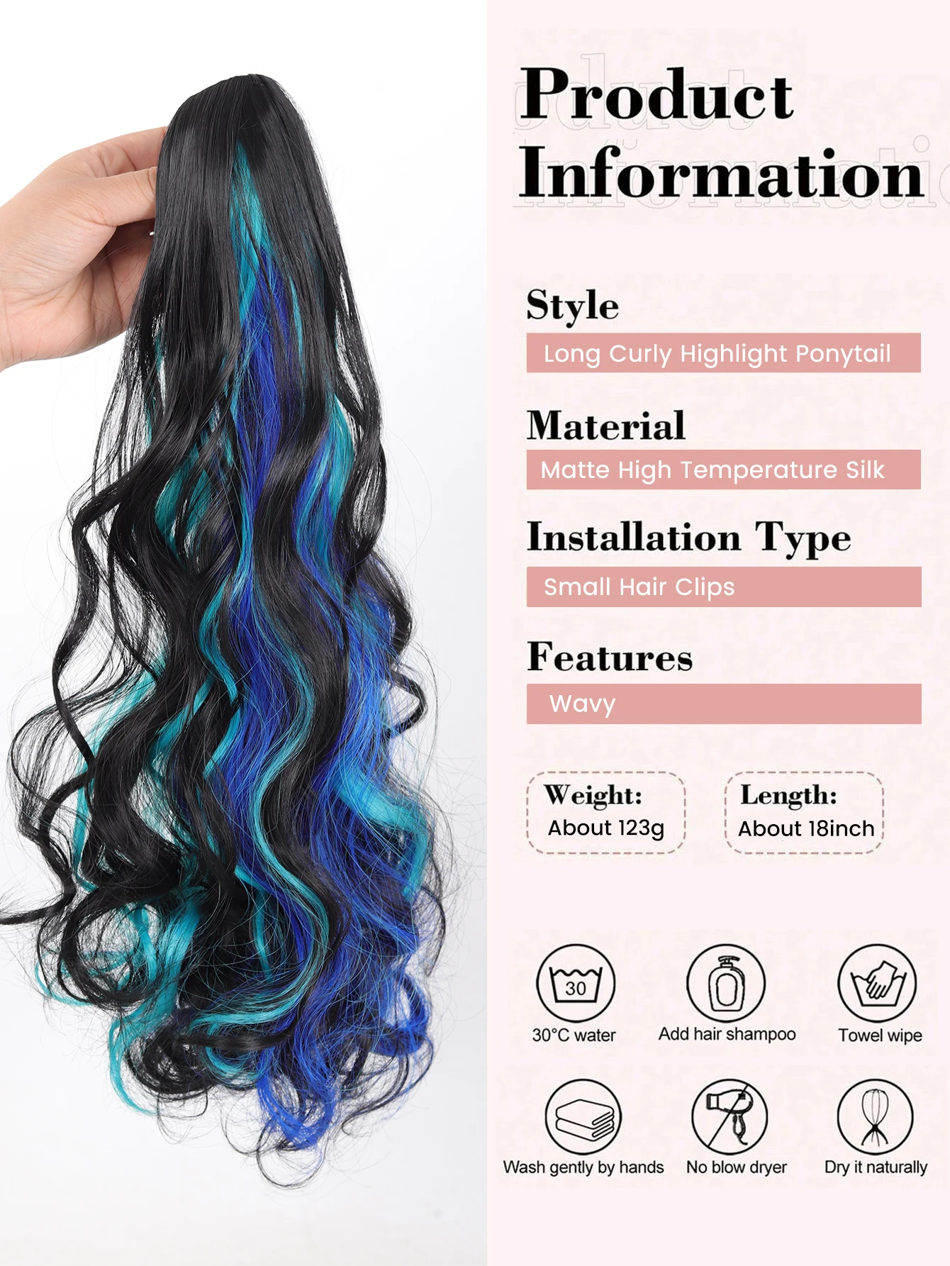 OLACARE 18Inch Synthetic Long Curly Ponytail Claw Clip in Hair Extension Mixed Blue Red Hairpiece for Women