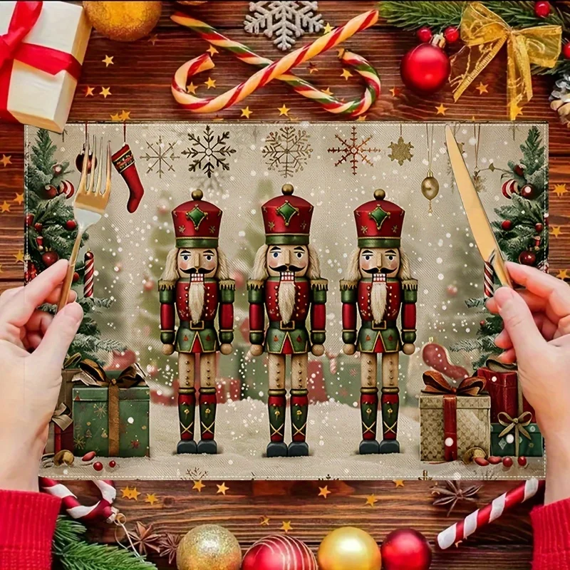 Christmas Nutcracker Soldier Placemats - Set of 4 Linen Table Mats 12x18 Inch for Holiday Dining, Hand Wash Only, Woven