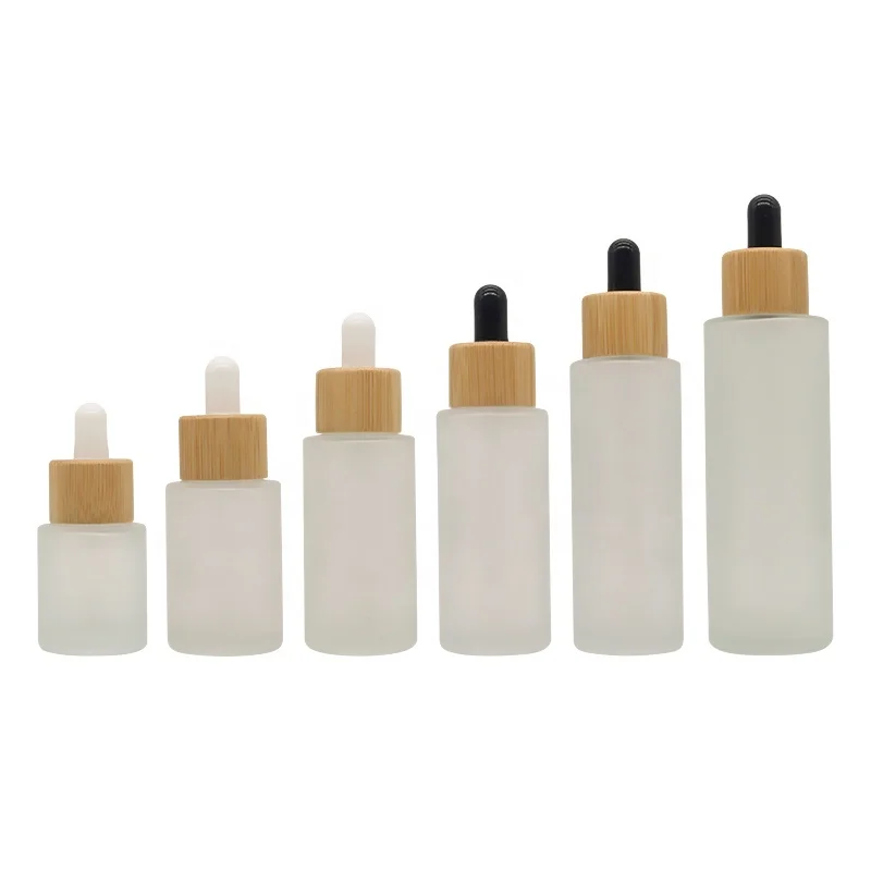 

20ml 30ml 40ml 50ml 60ml 80ml 100ml Flat Shoulder Frosted transparent Glass Shampoo Cosmetic Spray Pump Bottle With Bamboo Cap