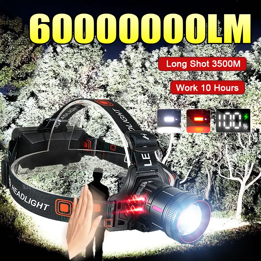 

60000000LM LED Sensor Headlight Super Bright 3500M Headlamp Most Powerful Head Flashlight Waterproof Outdoor Fishing Lantern