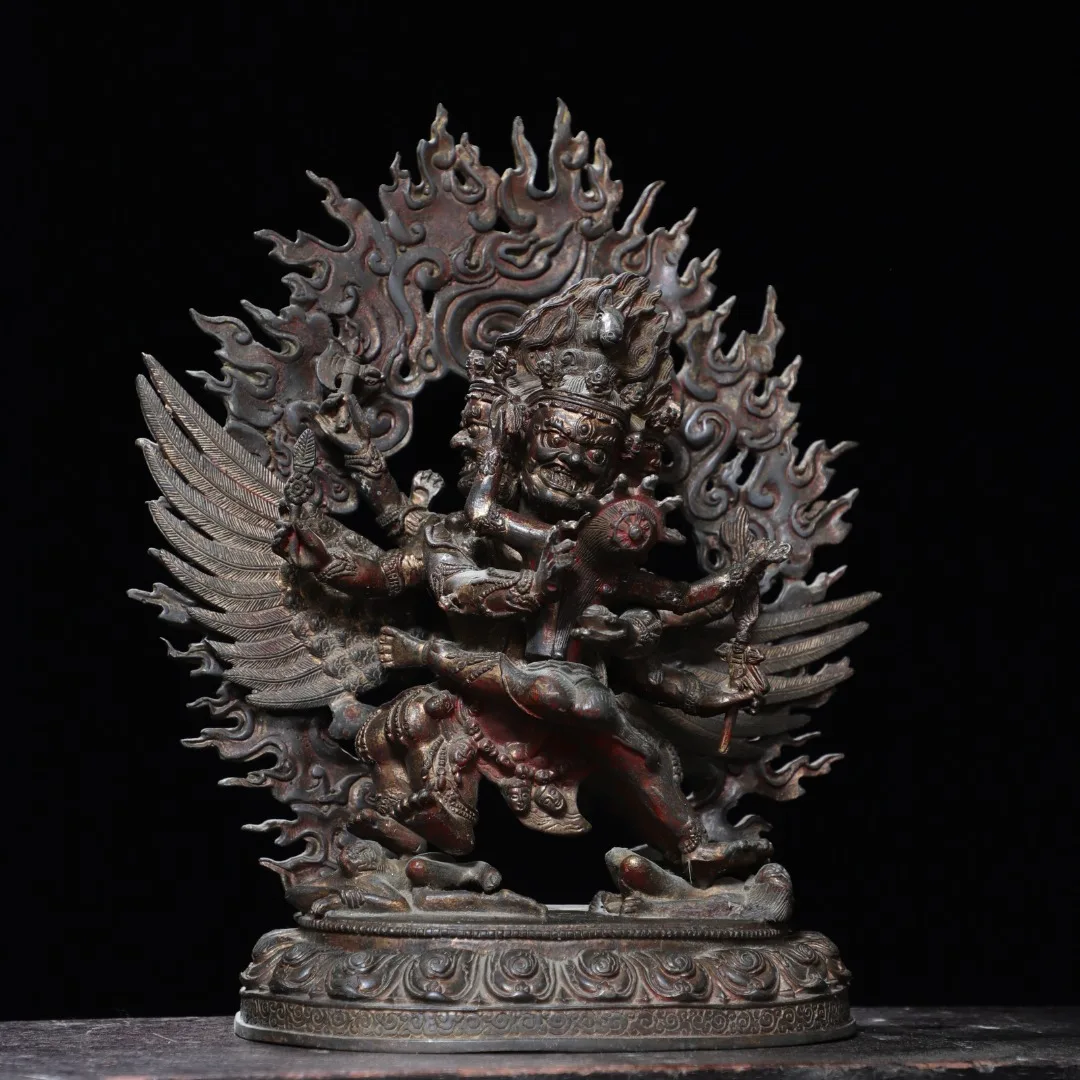 

12"Tibetan Temple Collection Old Bronze Cinnabar Mud gold Hayagriva Buddha Puma Vajrayana Buddha Lotus Terrace Worship Hall