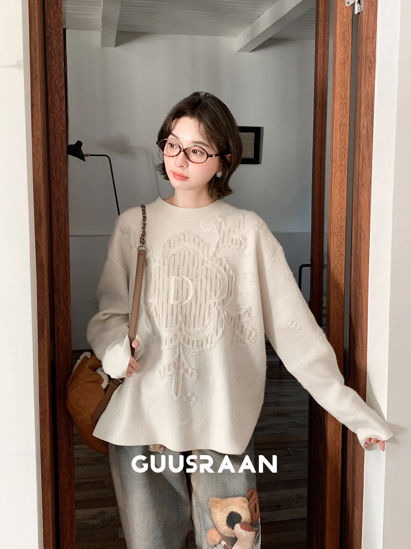 Heavyweight Knitted Sweater Women's Faionable round Ne Pullover Spring Season Simple Elegance All-Match Top Quali Wool