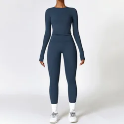 Top feminino de manga comprida e leggings de cintura alta, roupas esportivas ioga, roupas de ginástica, roupas esportivas fitness, roupa de treino, 2 peças