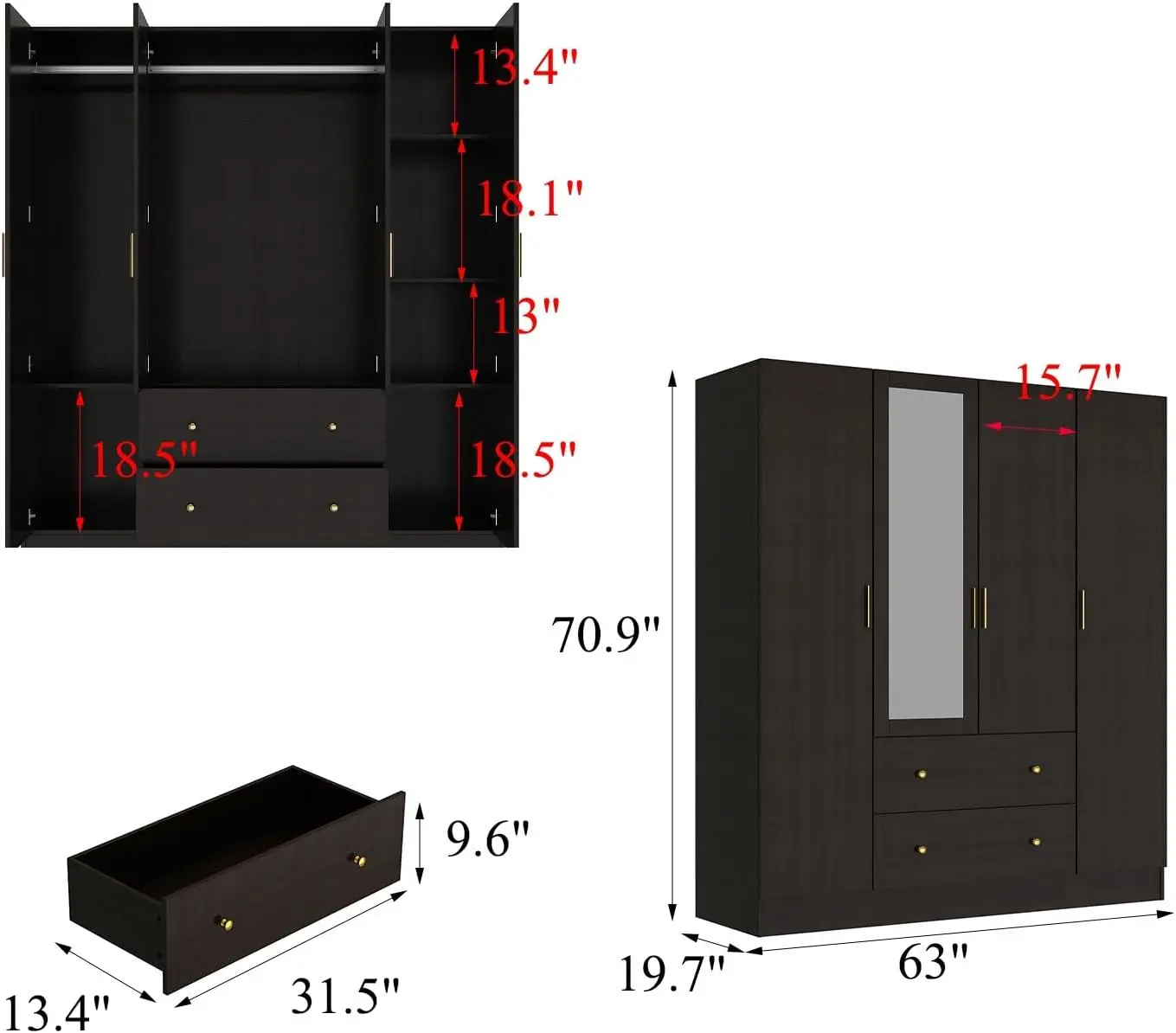 Wardrobe Closet with Mirror Armoires and Wardrobes, Drawers and Shelves, Armoire Wardrobe Closet with Hanging Rod,