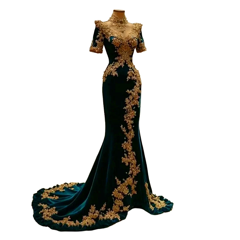 エレガントなベルベットマーメイドイブニングドレスゴールドレースアップリケ付きVネック半袖ロングシックなウエディングドレスフォーマルドレスカスタマイズ