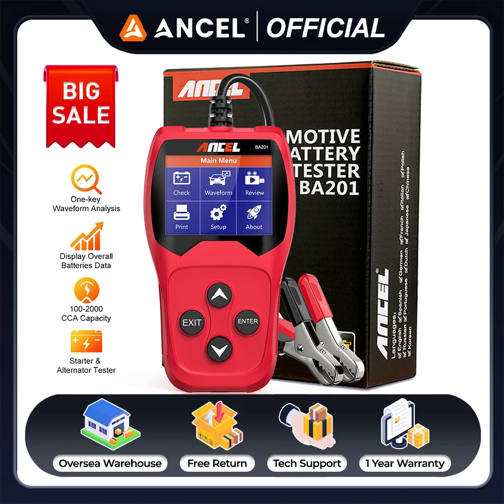 

Ancel BA201 Car Battery Tester 12V 100 to 2000CCA 12 Volts Battery Tools for the Car Quick Cranking Charging Diagnostic Tester