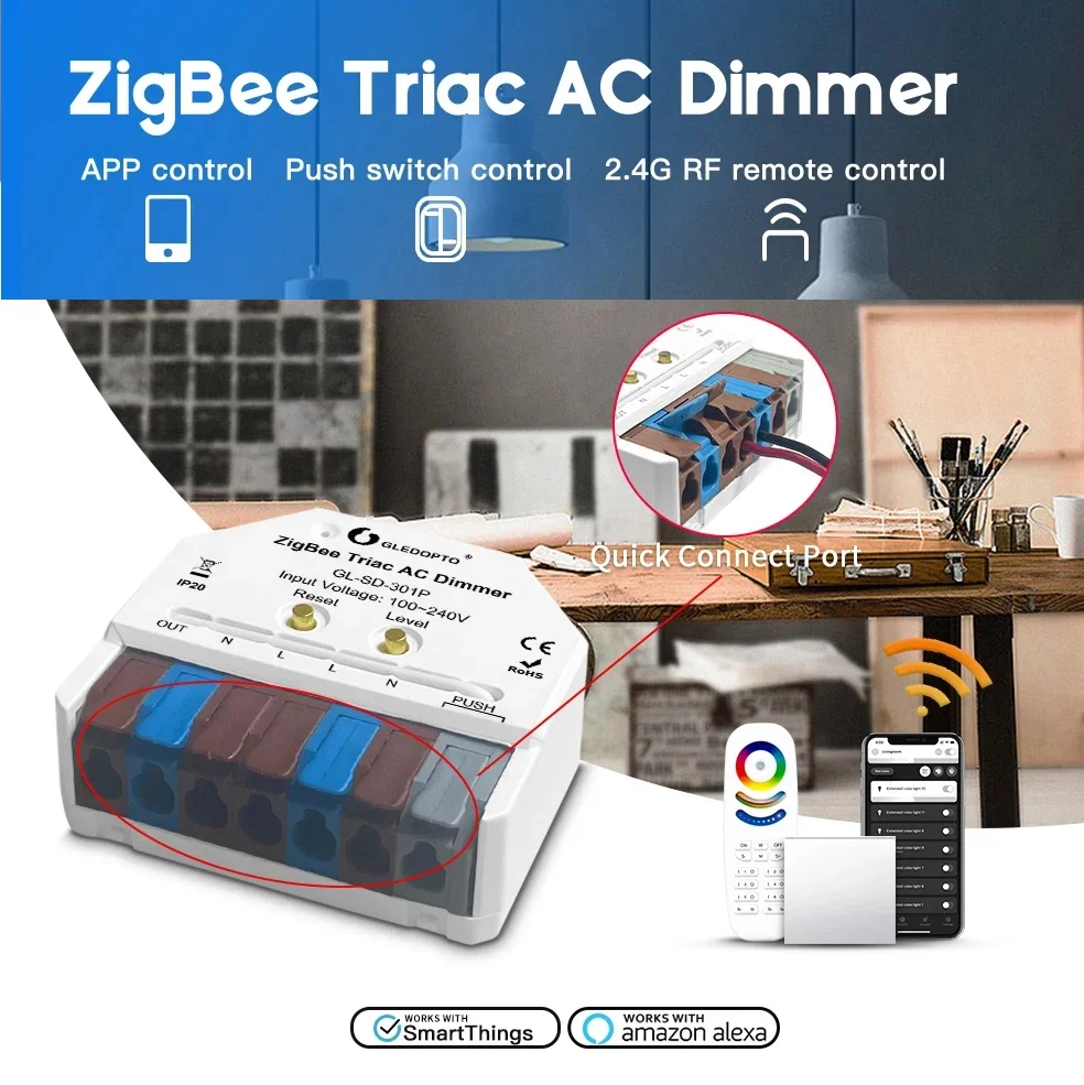 

GLEDOPTO ZigBee3.0 Ultra Mini Triac AC Dimmer AC100-240V Push Switch /App Voice 2.4RF Remote Control