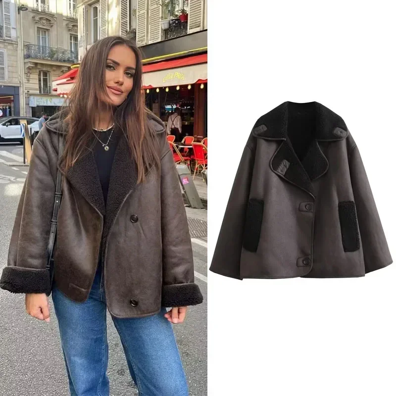 

2024 Woman Thick Faux Leather Jackets for Women Autumn Winter Warm Wool Blends Coats Demi-season Plush Jacket Outerwear