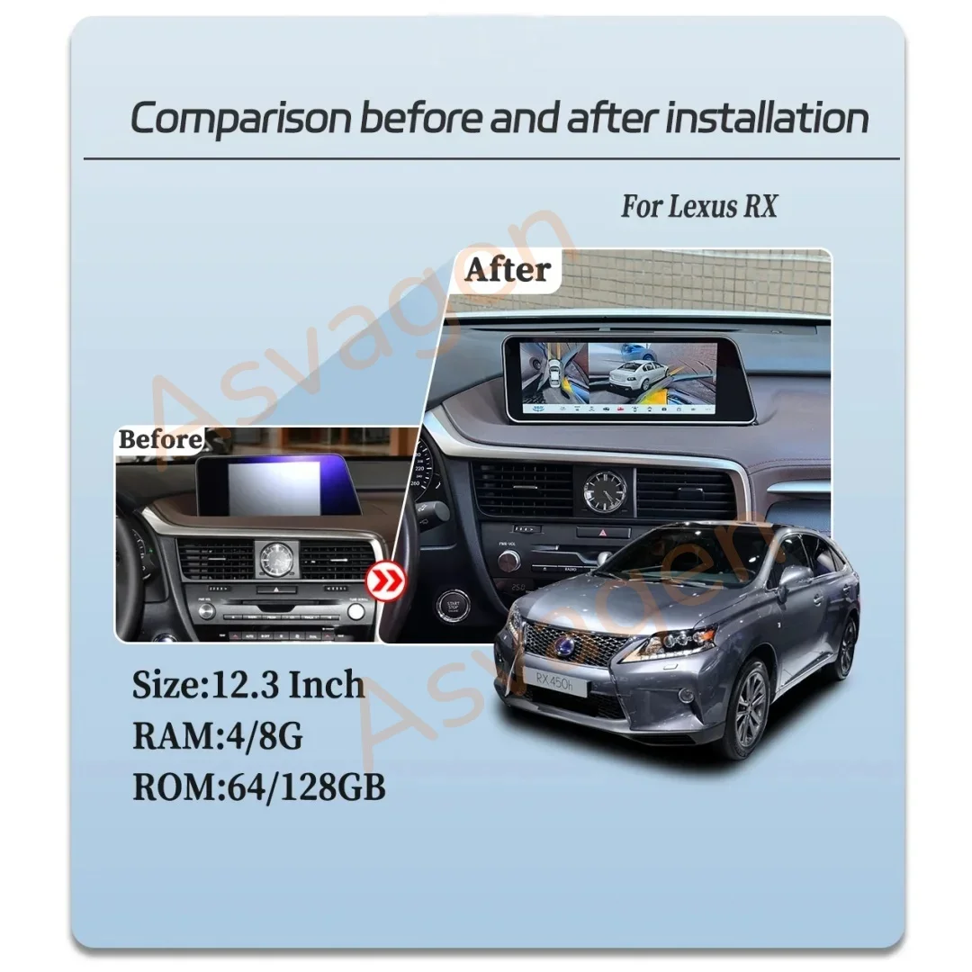 For Lexus RX RX200t 300 350 450h 2015-2019 Multimedia Player Navigation GPS DSP 12.3 inch Android 14 Wireless Carplay Auto Radio