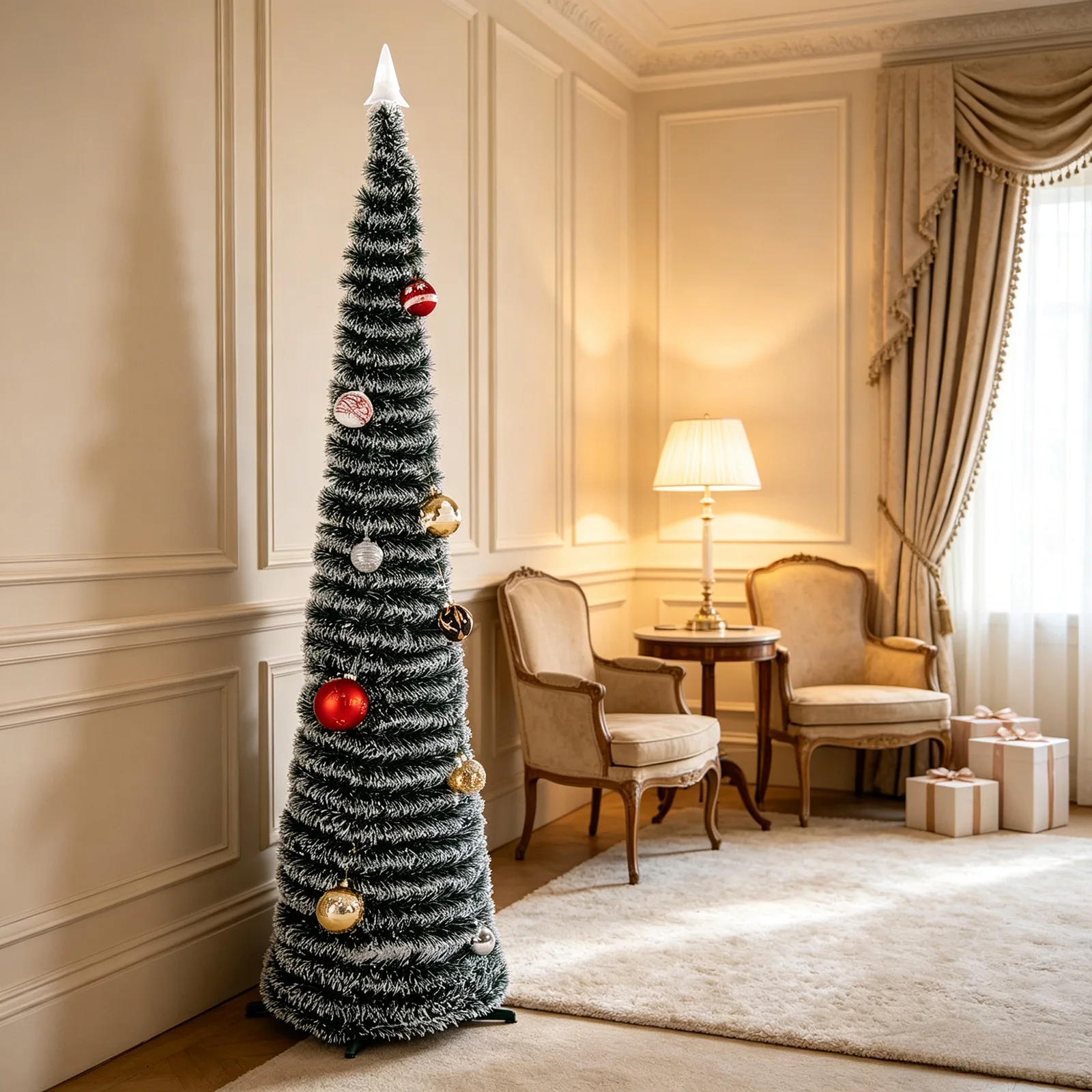Sapin de Noël artificiel pliable en PET, décoration de Noël pour salons et vitrines de magasins, sapin en guirlande de paillettes avec support robuste, disponible en hauteurs de 120 cm, 150 cm et 180 cm