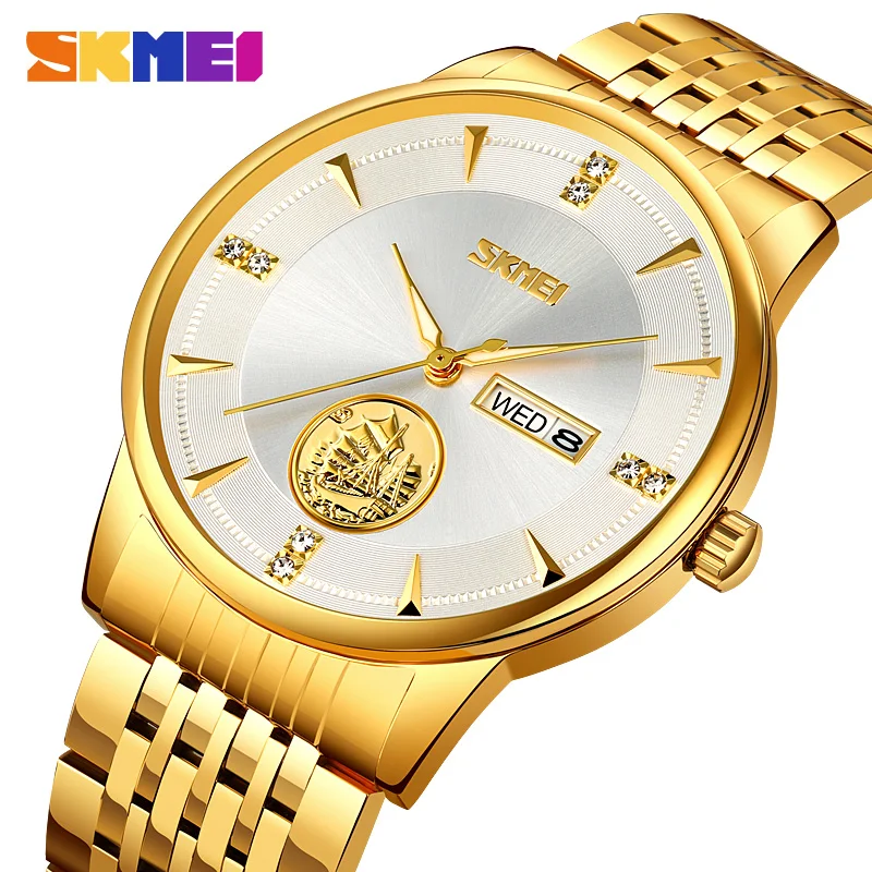 SKMEI  reloj hombre New Top Brand Luxury Stainless Steel Quartz Wristwatches Male Casual Date Week Clock Fashion Watch Mens