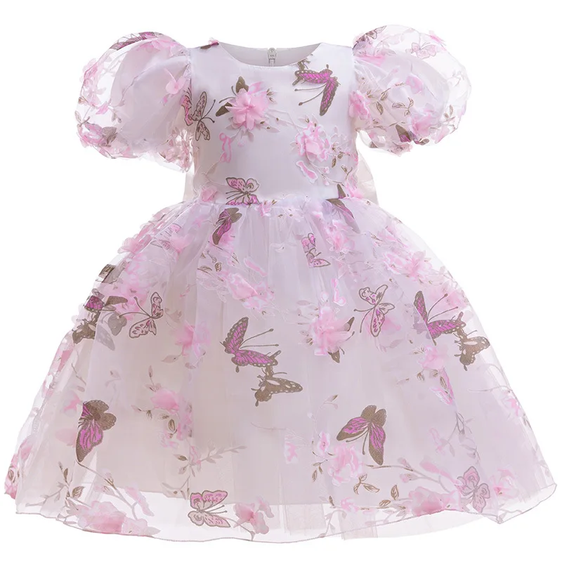 Girls 3D Rose Bubble Sleeves Princess Dress New Children\'s Fashion Lace Dress Carnival Birthday Party Performance Clothing