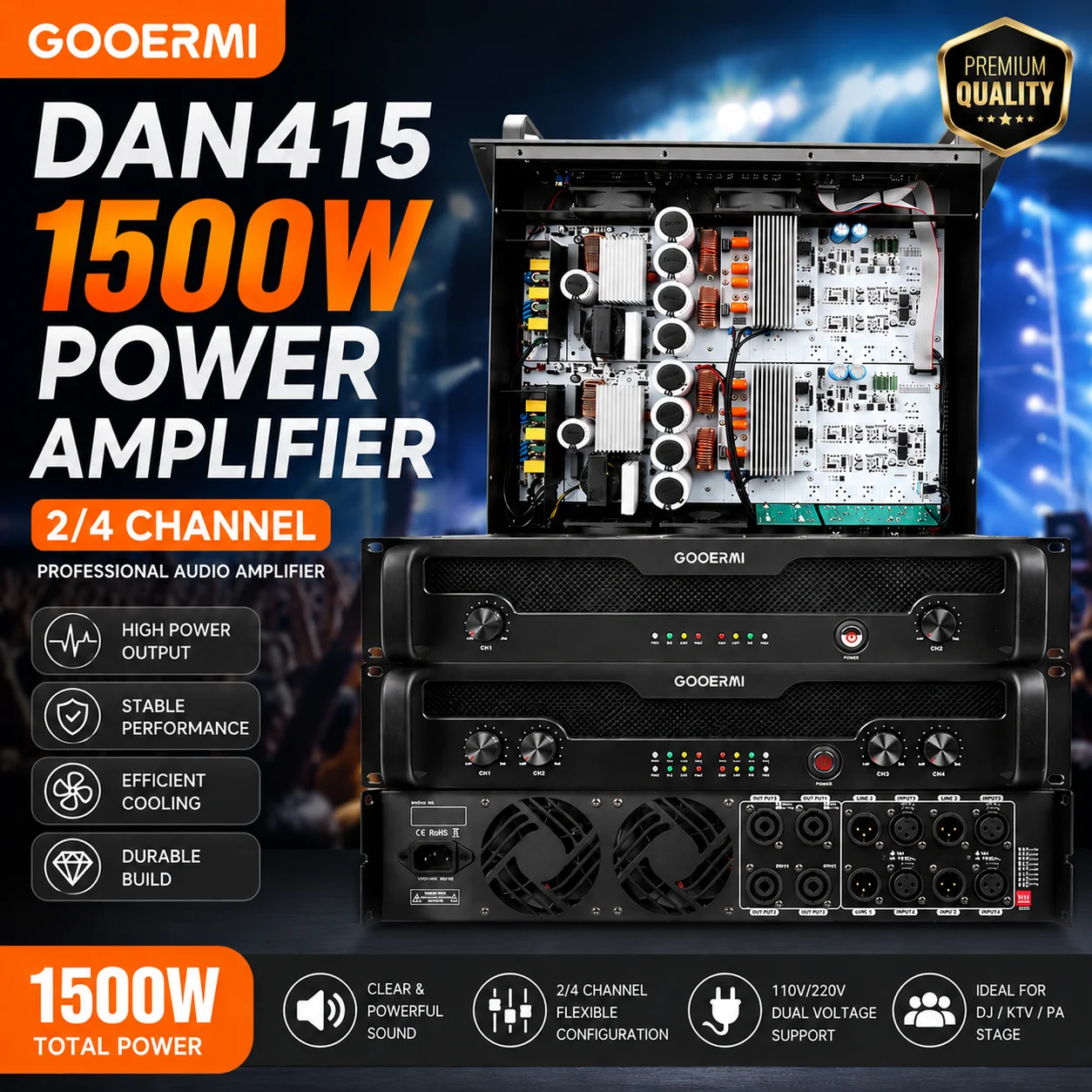 

Gooermi DAN415 1500W Professional Power Amplifier 2/4 Channel Audio Amp 110V/220V DJ Stage KTV PA Sound System