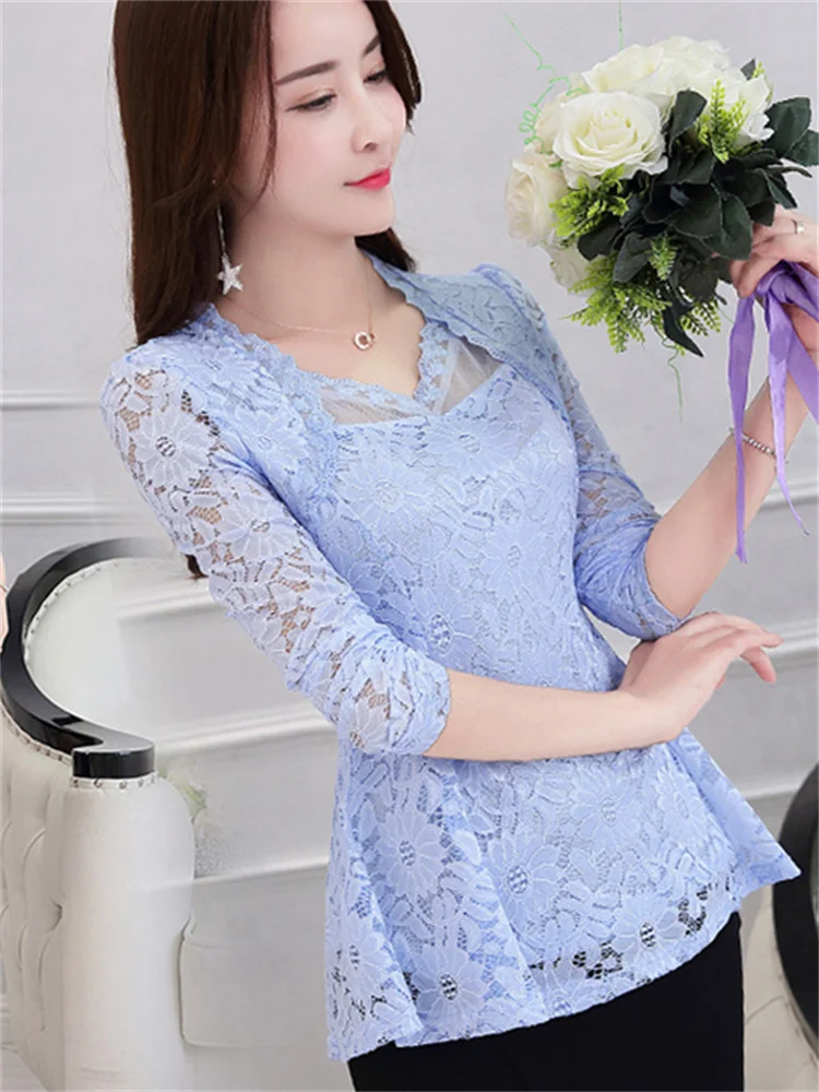 M-4XL  Women clothing Elegant ruffles Lace Tops Fashion Floral Casual shirt Sexy Ladies Long sleeve lace blouse