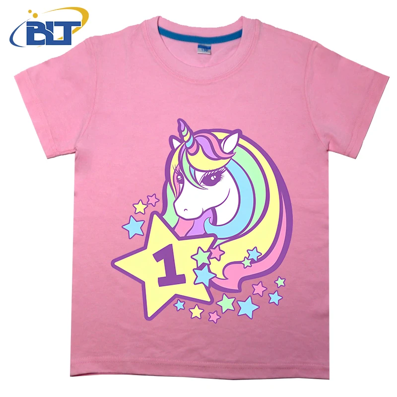 Birthday cute Unicorn girl’s printed children’s T-shirt, summer cotton short-sleeved casual top, suitable for boys and girls