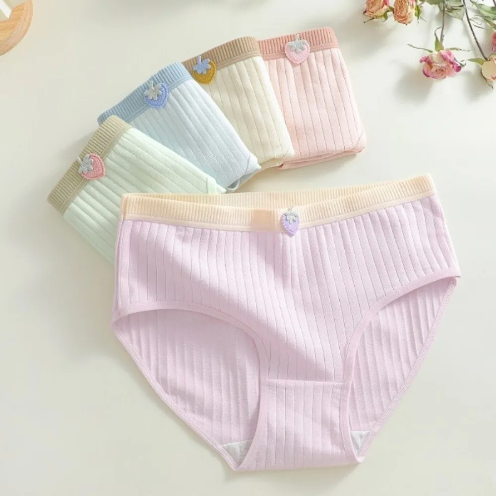 

5pcs Elastic Stripes Cotton Panties Cute Sweet Strawberry Brief Soft Breathable Women Underwear Girls