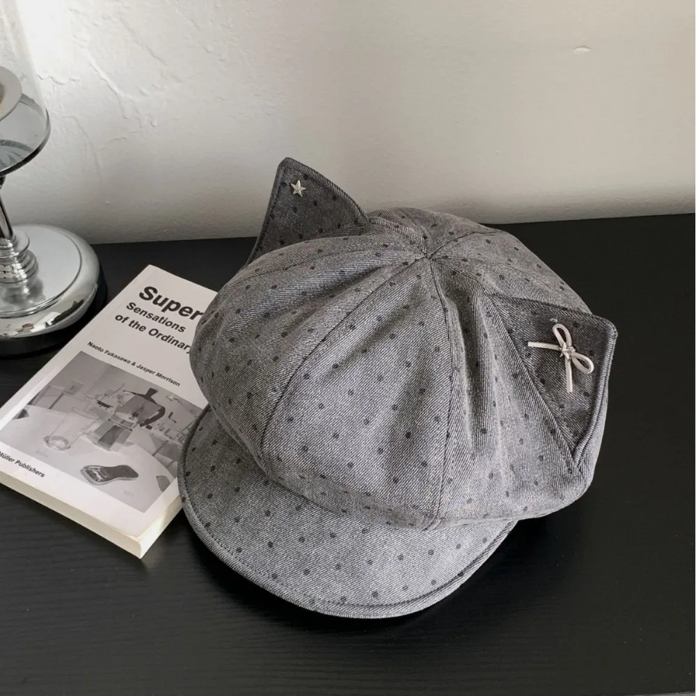 New Polka Dot Cat Ears Beret Hat Star Bowknot Denim Beret Cap Adjustable Cloud Beret Octagonal Painter Hats Outdoor