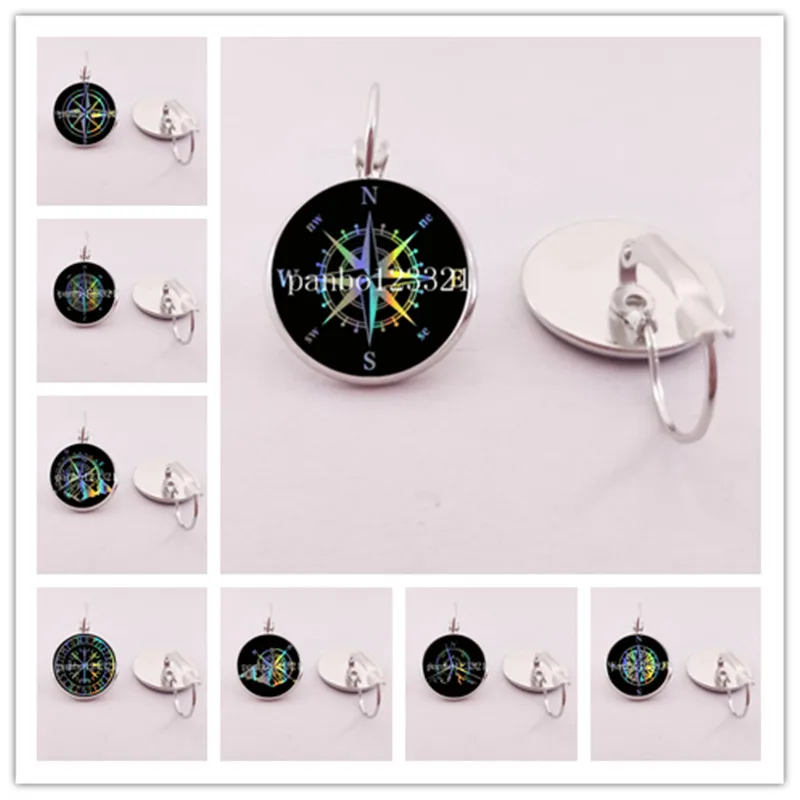 Classic Black Compass Earrings Compass Measuring Mountain Peak Earrings Jewelry Glass Cabochon Earring Column