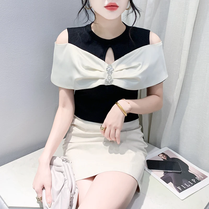 

2024 New Summer European Clothes T-Shirt Chic Sexy O-Neck Patchwork Hollow Out Shiny Diamonds Women Tops Short Sleeve Tees 46034