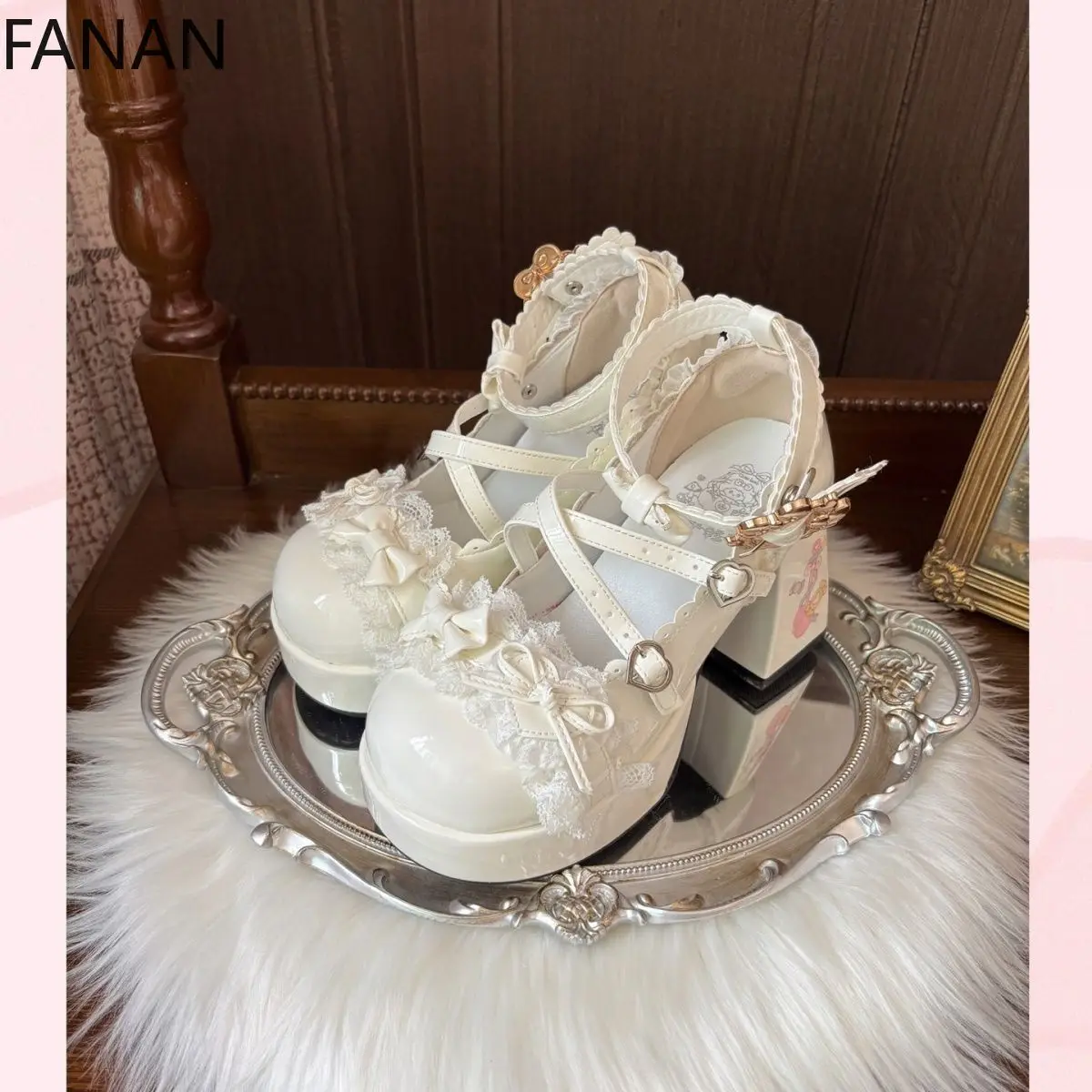 Kawaii Lolita High Heel Pumps Lace Bow Waterproof Table Platform Flats Women's Shoes Summer Sweet and Cute Single Shoes