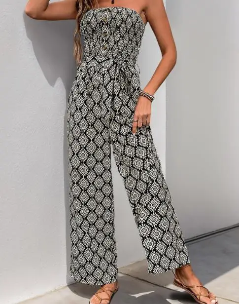 2025 여성 점프수트 여름 최신 에스닉 스타일 휴가 랩 원피스 신상 프린트 캐미솔 원피스 팬츠