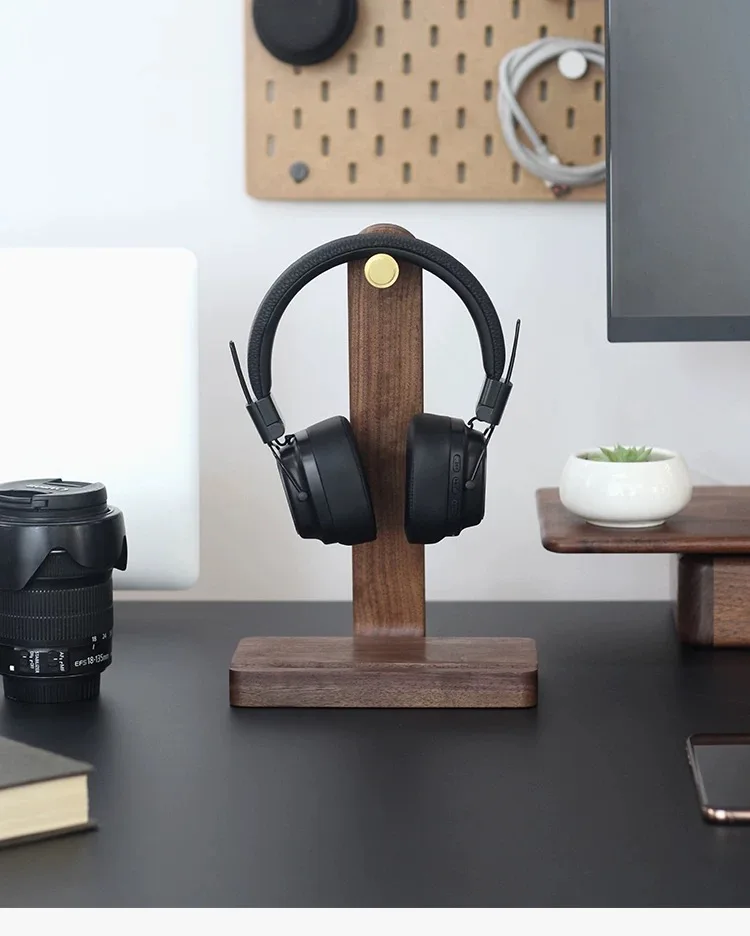 

Solid wood brass headphone stand walnut head-mounted headphone storage hanger with winding mobile phone stand