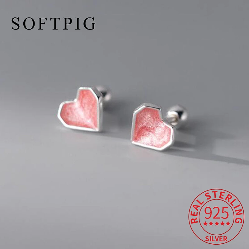 SOFTPIG Real 925 Sterling Silver Gutta Heart Screw Bead Screw Stud Earrings For Women Cute Fine Jewelry Minimalist Accessories