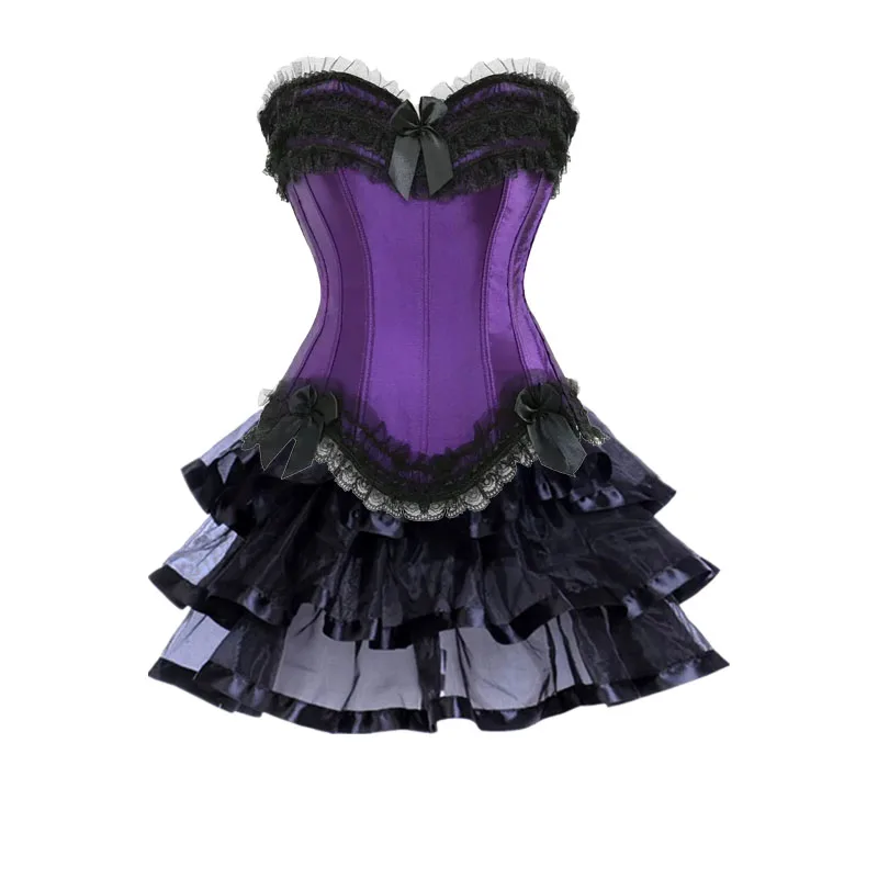 Women Sexy Floral Corset with Tutu Skirt Mini bustier and corsets Lace Boned Lingerie Sets Victorian Clubwear Purple