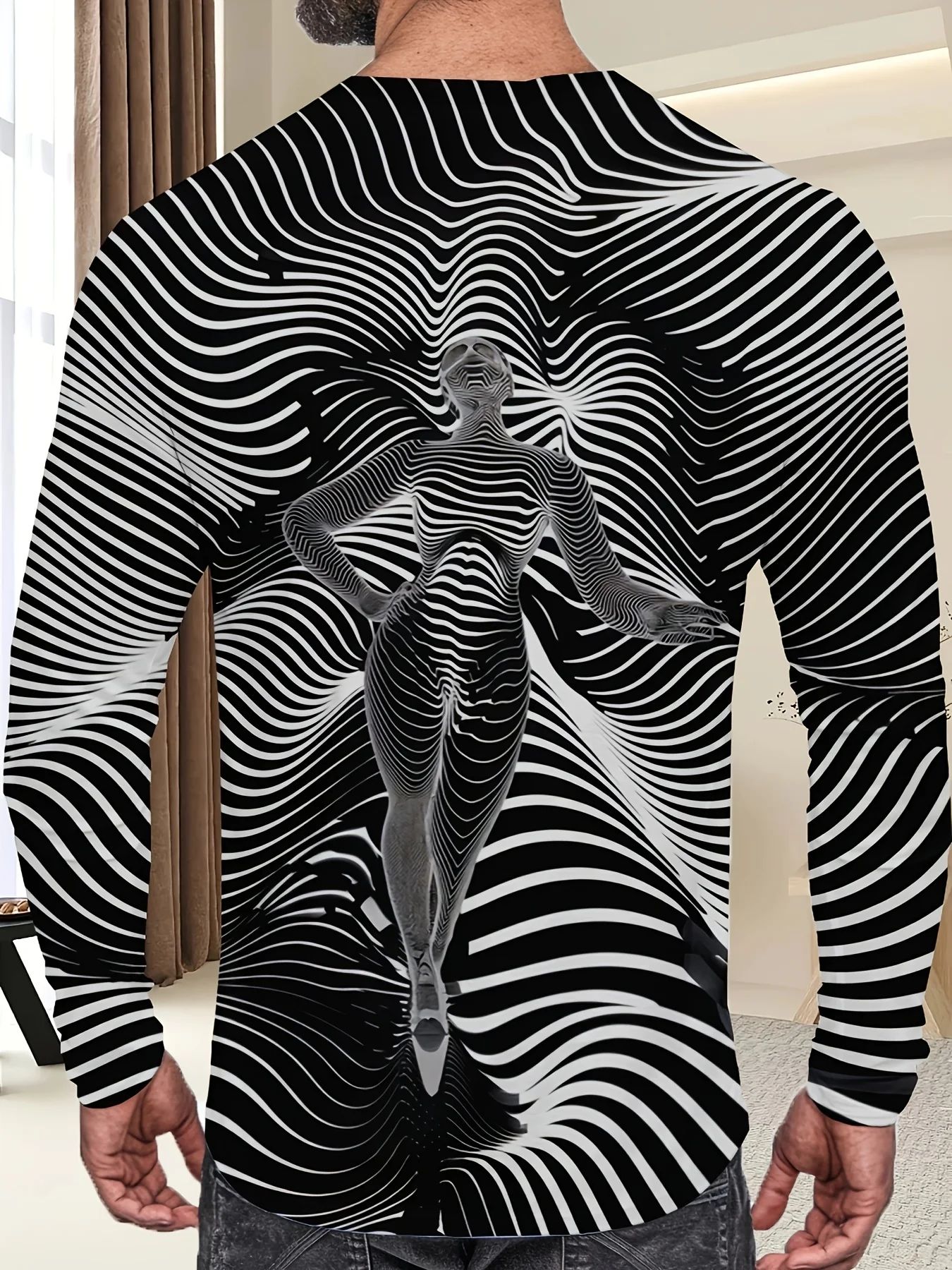 الخطوط العريضة موضوع نمط مطبوعة كم طويل تي شيرت أزياء التجميع جولة الرقبة مريحة للتنفس أعلى يوميا #4