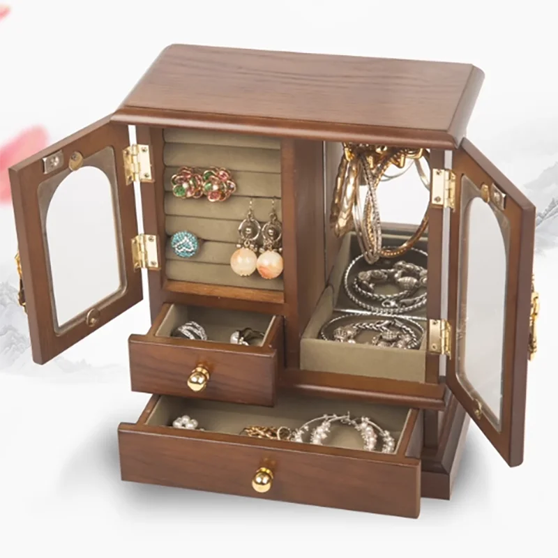 Wood Jewelry Box Drawer Ring Bracelet Earrings Jewelry Boxes Organizer Necklace Display Stand Portable Small Accessories Storage