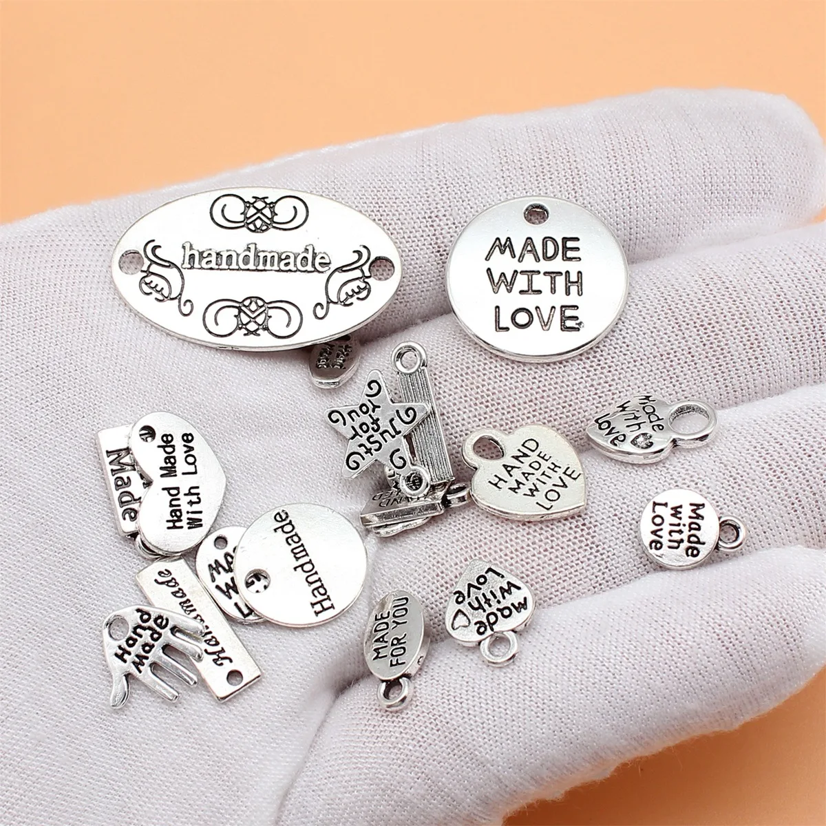 19pcs Antique Silver Color Hand Made, Made With Love Tag Charms Collection For DIY Jewelry Making, 19 Styles, 1 of Each