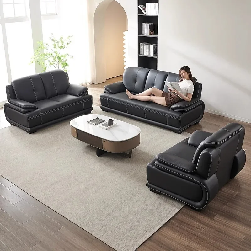 Leather sofa living room small apartment modern light luxury Italian minimalist first layer cowhide three-person straight row