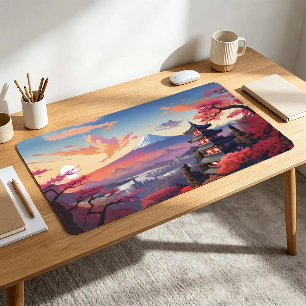 Japanese Sunset Landscape Large Mouse Pad XXL Mount Fuji Five-story Pagoda Red Keyboard Desk Mat For Table Decor Gift