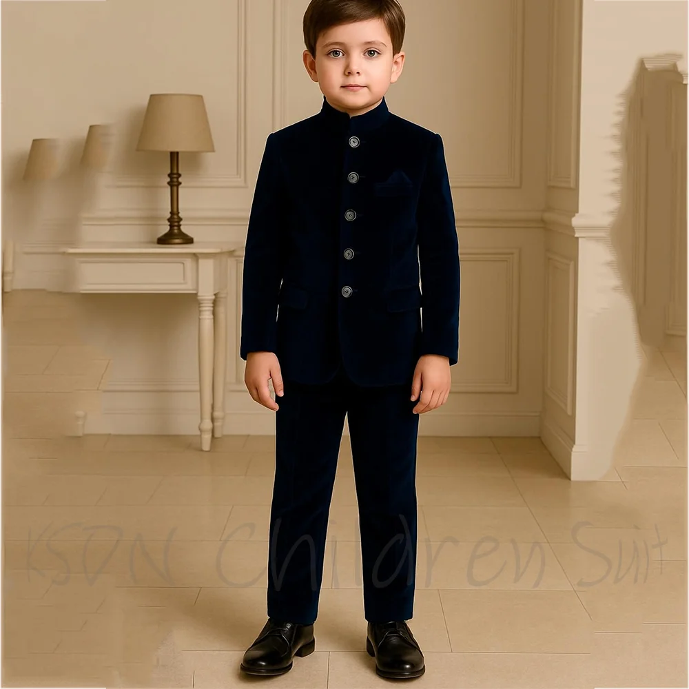 

Navy Blue Velvet Suit For Boy Chic Stand Lapel Single Breasted Customized Children Clothing 2 Pieces Wedding Formal Kids Set