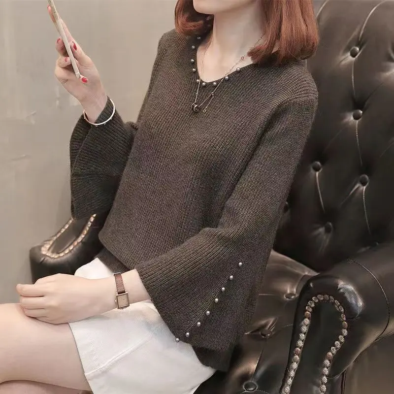 Autumn Winter Warm Pearls V-neck Flared Sleeve High Elastic 2023 Solid Color Knit Women Sweater Jumper Elegant Sweet Pullov Top