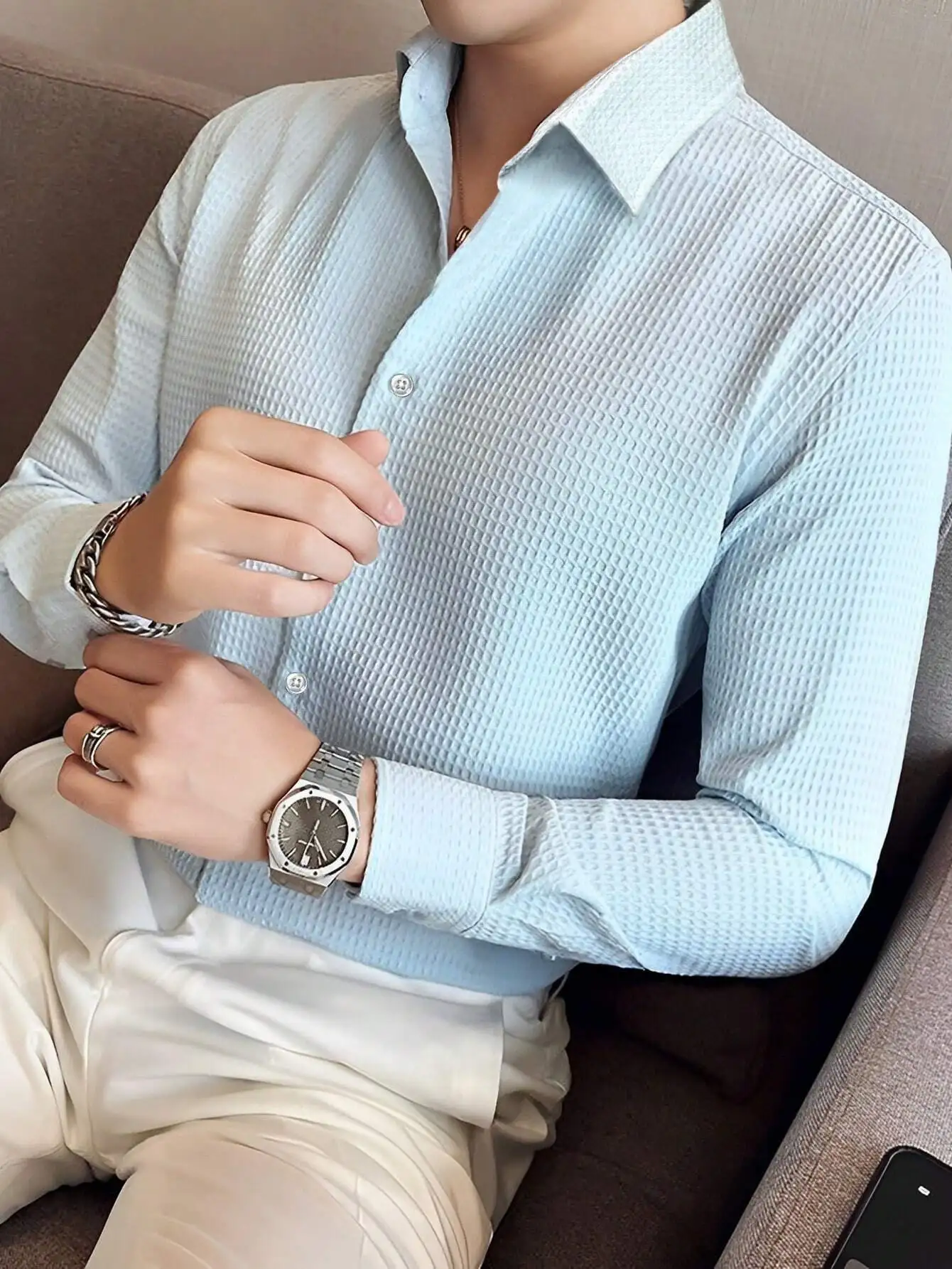 

Men's Light Blue Waffle Knit Long Sleeve Button-Front Casual Shirt