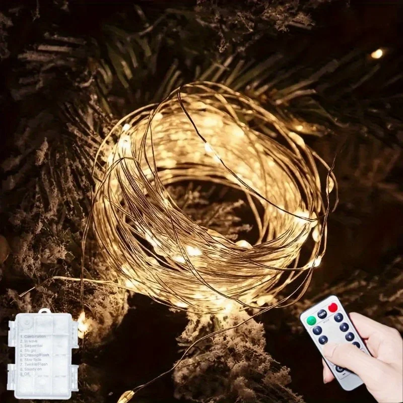 Guirnaldas de luces LED de 50-300 luces de cadena centelleantes con pilas, luces de luciérnaga regulables de alambre de cobre con temporizador de Control remoto