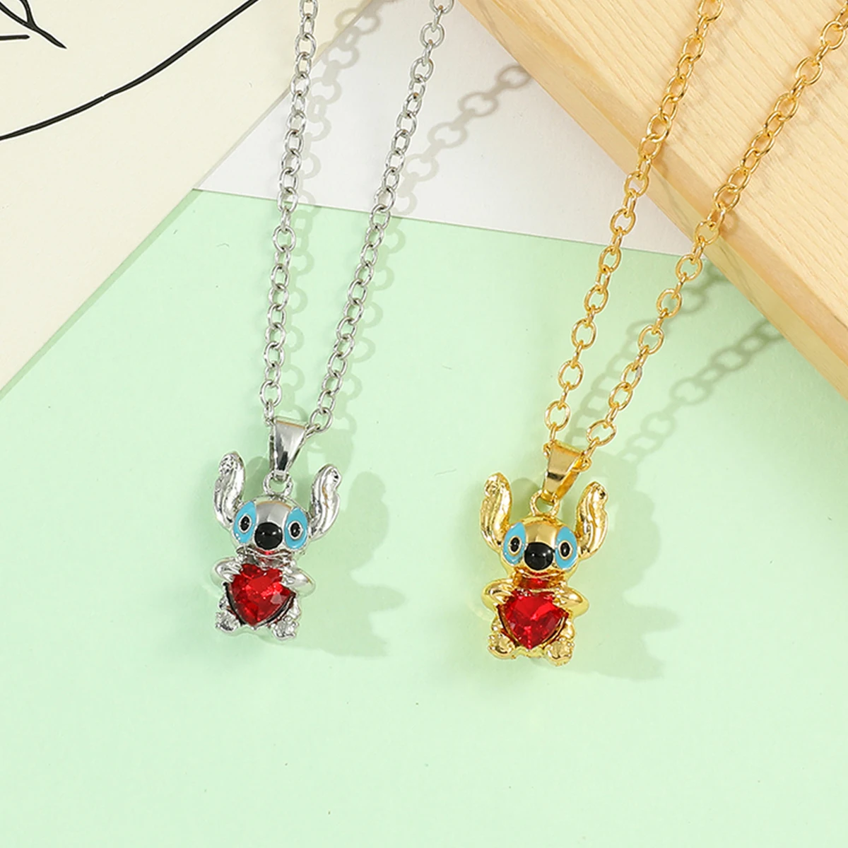 Disney Anime Lilo & Stitch Crystal Pendant Necklace Kawaii Stitch Red Gemstone Necklace for Women Jewelry Accessories Toy Gift