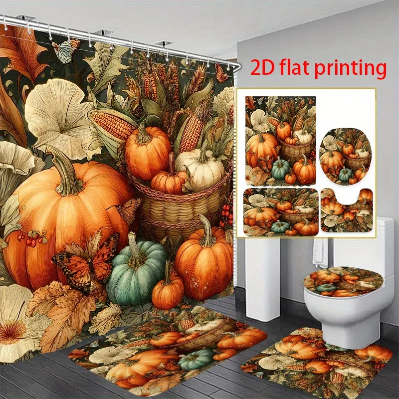 

4pcs 2D flat printing Hower Curtain Shower Curtain Set Autumn Harvest with Pumpkins and Corn. High Quality Shower Curtain