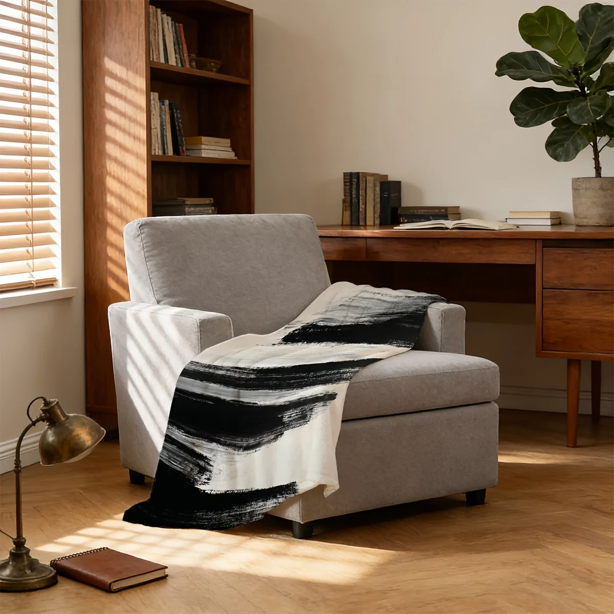 Modern Ink Brush Stroke Strip Throw Blanket, Grunge Black White Textured Warm Fleece for Couch Trip Household Nordic Simple Room