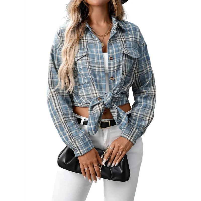 

AOAO-Женская рубашка на пуговицах, клетчатая рубашка с длинными рукавами и лацканами, деловые повседневные топы, рабочая рубашка