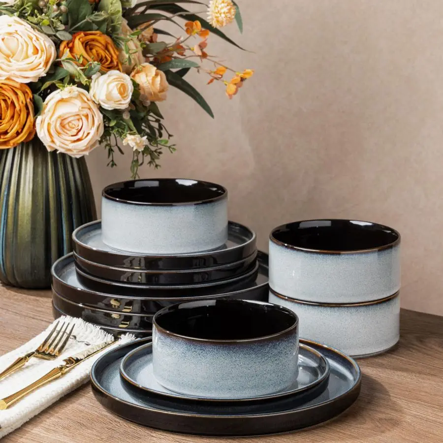 

Наборы керамической посуды на 4 персоны, круглые тарелки и миски с реактивной глазурью, безопасные для посудомоечных машин и микроволновых печей, набор для сервировки.