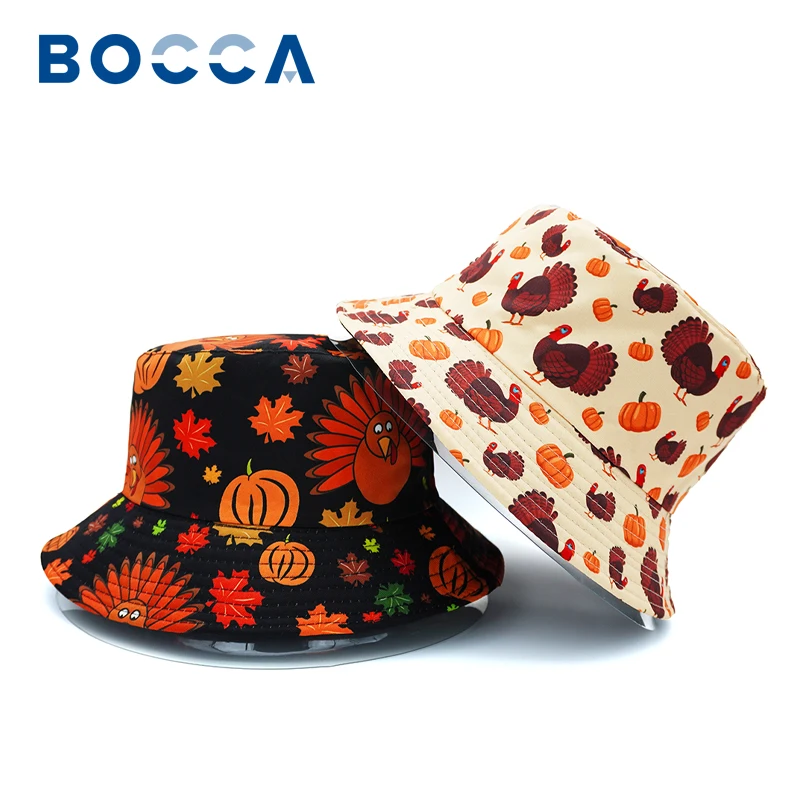 Bocca Cartoon Turkey Bucket Hat Thanksgiving Printing Pattern Fisherman Hats Double Sides Panama Cap Outdoor Travel New Style