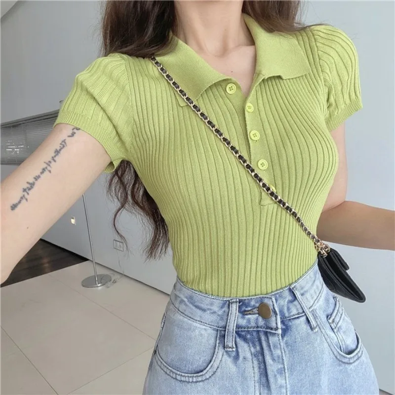 Women Casual Polo Plunge Neck Short Sleeve Knitted T-shirts Summer Female Korean Elegant All-match  cropped button shirt cotton