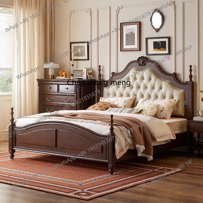 

French Retro Bed Solid Wood Genuine Leather Soft Backrest 1.8m Double Storage Master Bedroom Upholstered Wedding Bed